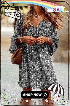 Women's Floral Printed Long Sleeve V-neck Midi Dress Fall V-neck Mini Dress For Vacation, Fall Vacation V-neck Mini Dress, Printed V-neck Mini Dress For Fall, Fall Printed V-neck Mini Dress, Elegant Printed V-neck Mini Dress, Fall V-neck Printed Mini Dress, Fall Mini Dress With V-neck And Printed Details, Fall Beach Mini Dress With V-neck, Fall V-neck Printed Dresses