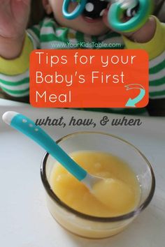 a baby in a highchair holding a spoon up to their face with the words tips for your baby's first meal