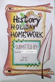 this is a drawing of a sign for a holiday home work event with a quill pen and paper scroll