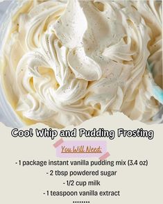 the ingredients for this whipped cream recipe are shown in white and blue text, along with information about how to use it