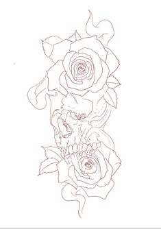 a drawing of two roses and a skull