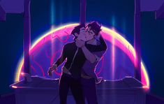 two people embracing each other in front of a purple and blue background with neon lights