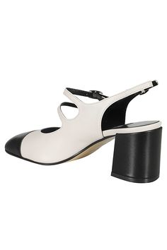 Papaya pumps - Carel Paris - Beige color - Leather upper - Leather sole - Black rounded toe - Adjustable straps with buckle - 6 cm heel. White Calf Leather Heels With Heel Strap, Ankle Strap Heels With Contrasting Heel Counter, White Leather Court Shoes With Heel Strap, White Leather Heels With Buckle Closure, White Slingback Pumps With Contrasting Heel Counter, Calf Leather Ankle Strap Heels With Stacked Heel, Spring White Calf Leather Heels, White Heels With Buckle Closure For Office, Spring Court Shoes In Calf Leather With Closed Toe