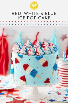 red, white and blue ice pop cake on a table