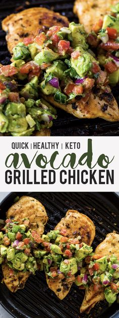 grilled chicken with guacamole and salsa on top is shown in two different photos