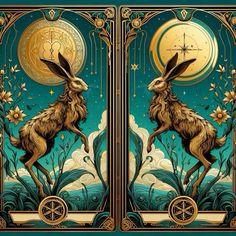 the front and back sides of an art nouveau style card with a rabbit on it