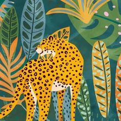 a painting of a cheetah standing in front of some plants and leaves on a green background