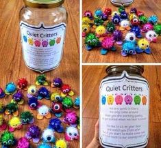 there is a jar full of colorful buttons on the floor and next to it is a jar filled with beads