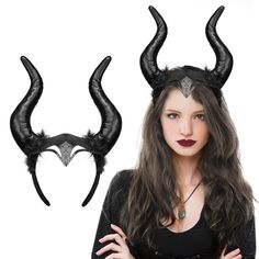 a woman with long hair and horns on her head