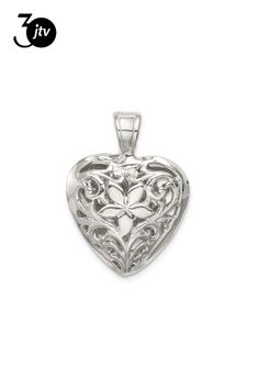 Sterling silver solid filigree floral design heart pendant with polished finish. Measures approximately 1/1"L x 11/16"W. Filigree Heart Pendant Necklace, Formal Silver Heart Charm Necklace, Classic Open Heart Silver Jewelry, Classic Silver Open Heart Jewelry, Engraved Open Heart White Gold Jewelry, Engraved White Gold Open Heart Jewelry, Engraved White Gold Open Heart Necklace, Heart-shaped Jewelry With Intricate Design For Formal Occasions, Elegant Engraved Open Heart Locket Necklace