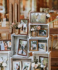 a bunch of pictures are stacked on top of each other with flowers in vases