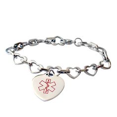 medical id bracelet for women with heart chain design and heart-shaped medical id charm, fits teens, adults, adjustable link chain with claw clasp Hypoallergenic Heart-shaped Stainless Steel Jewelry, Everyday Stainless Steel Heart Bracelet, Heart-shaped Stainless Steel Bracelets For Everyday, Stainless Steel Heart Bracelets For Everyday, Everyday Stainless Steel Heart Bracelet With Charm, Trendy Adjustable Heart Chain Bracelet, Everyday Heart-shaped Stainless Steel Bracelets, Adjustable Heart-shaped Stainless Steel Charm Bracelet, Adjustable Heart Shape Stainless Steel Charm Bracelet