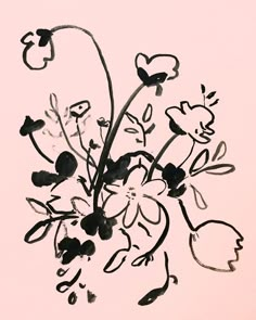 black and white drawing of flowers on a pink background