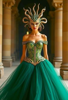 a woman in a green dress with an elaborate mask on her head