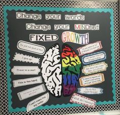 a bulletin board with words that say change your world, change your minds and fixed growth