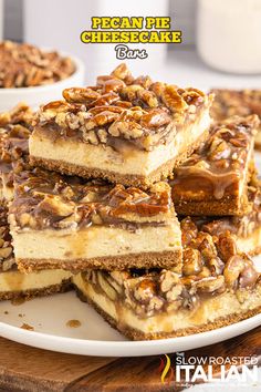 pecan pie cheesecake bars stacked on top of each other