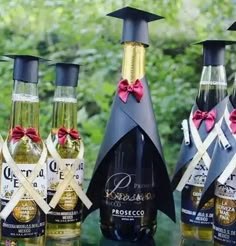 four bottles of alcohol are lined up on a table in front of some trees and bushes