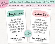 two printable tumbler cards with the words tumbler care and rubber care on them