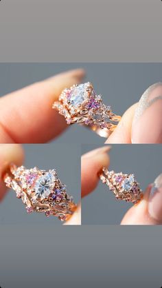 three different views of a diamond ring being held by someone's hand with their fingers