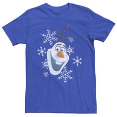 a blue t - shirt with an image of the character frozen in snowflakes