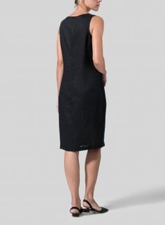 Linen Sleeveless Mid-Length Dress Flattering Midi Sleeveless Dress For Work, Midi Length Sleeveless Dress With Flattering Silhouette For Work, Midi Sleeveless Dress With Flattering Silhouette For Work, Formal Sleeveless Sheath Dress With Flattering Silhouette, Elegant Sleeveless Dress With Side Slits For Night Out, Elegant Sleeveless Sheath Dress For Night Out, Sleek Summer Midi Dress For Formal Occasions, Elegant Sleeveless Dress With Flattering Silhouette, Elegant Sleeveless Mini Dress With Side Slits