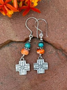 Sterling Silver Southwestetn Cross Dangle Earrings, with Spiny Oyster and Turquoise. Southwest Summer Boho!  on Sterling Earwire. 2.5 inches long Earrings Western, Summer Boho, Orange And Turquoise, Spiny Oyster, Western Jewelry, Cross Earrings, Southwestern Style, Boho Summer, Native American