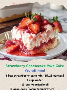 a piece of strawberry cheesecake poke cake on a plate