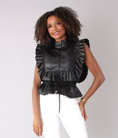 For Her NYC 81758 1 piece Sleeveless Faux Leather Top Colors: Black Sizes: S, M, L, XL, 1X, 2X Sleeveless Faux Leather Party Top, Sleeveless Faux Leather Top For Night Out, Black Vest For Night Out In Spring, Chic Black Vest For Spring, Leather Peplum Tops, Nyc Fall, Leather Peplum, Waist Jacket, Faux Leather Top