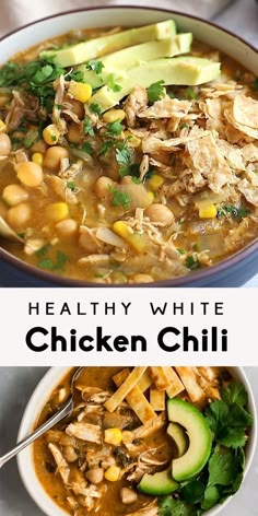 healthy white chicken chili soup with avocado, cilantro, and corn