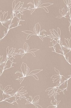 a white flower pattern on a beige wallpaper with leaves and flowers in the background