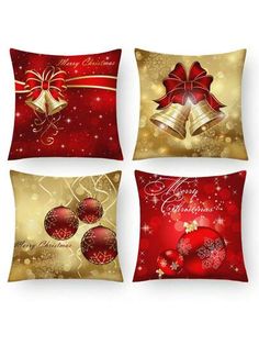 four christmas pillows with bells and bows on the front, two are red and one is gold