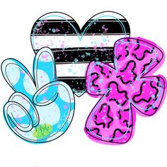 two heart shaped objects are next to each other on a white background with pink and blue designs