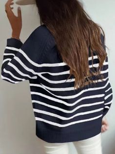 The Emes Shop sweater is detailed with classic faux half button down details. Features a round neck line. raglan long sleeves. striped print. and loose fit. Pair it with white denim jeans and sneakers for a cozy fall look.MATERIAL:100% Brushed Acrylic MEASUREMENTS:Product Length 25"-27"in Small | Bust & Hem Width : 40"-42"in Medium| Bust & Hem Width : 42"-44"in Large| Bust & Hem Width : 44"-46"in X Large| Bust & Hem Width : 46"-48"in Sweater Nail Art, Sweater Dress Outfit, Pullover Mode, White Denim Jeans, Stylish Sweaters, Button Sweater, Cardigan Outfits, Women's Sweaters, Fashion Color