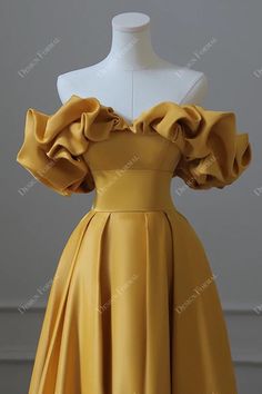 Gold Ruffled Off-the-shoulder Satin Custom A-line Horsehair Formal Host Gown features refined off shoulder bodice with eye-catching ruffles drop sleeves, wide empire waistband, pleated A-line skirt with horsehair hemline. shown color gold bra support with cups boning no closure back lace-up lining fully lined Luxury Formal Satin Dress With Ruffles, Luxury Ruffled Evening Dress For Banquet, Luxury Satin Dress With Ruffles For Formal Occasions, Luxury Ruched Bodice Puff Sleeve Dress For Evening, Luxury Evening Puff Sleeve Dress With Ruched Bodice, Luxury Yellow Gown With Ruffles, Luxury Puff Sleeve Dress With Ruched Bodice For Evening, Gold Long Dress Dance, Luxury A-line Evening Dress With Ruffles