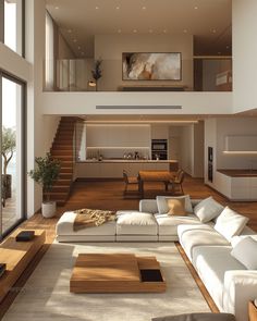 a modern living room with white furniture and wood floors