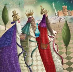 the three wise men are walking down the road in their regal robes and crownes