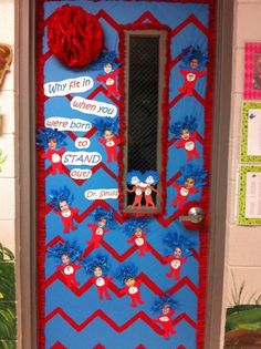 a door decorated with red, white and blue decorations