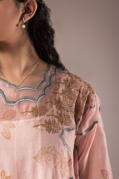 Baby pink silk chanderi dress with handblock print and scallop embroidery on neck and hem. Paired with a cotton crushed inner with embroidered border. - Aza Fashions Pink Cotton Silk Kurta With Embroidered Border, Festive Chanderi Dress With Embroidered Neckline, Designer Cotton Silk Dress With Floral Embroidery, Designer Straight Kurta Dresses With Embroidered Neckline, Cotton Silk Dresses With Floral Embroidery For Designer Wear, Designer Dresses With Embroidered Neckline Straight Kurta, Silk Dress With Embroidered Neckline In Straight Kurta Style, Spring Designer Wear Cotton Silk Dress, Spring Silk Kurta With Embroidered Neckline