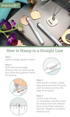 the instructions for how to stamp in a straight line on a metal surface with flowers and scissors