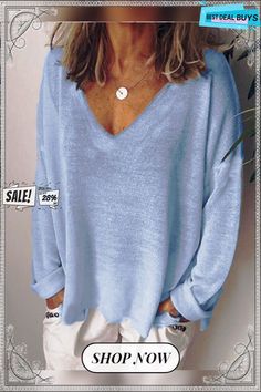 Woman Casual V Neck Cotton-blend Long Sleeve Tunic T-shirt Casual V-neck Plain Top, Plain V-neck Top For Fall, Oversized Solid Color V-neck Top, Long Sleeve Plain T-shirt For Summer, Plain Long Sleeve T-shirt For Summer, Casual V-neck Tops For Fall, Plain Long Sleeve Summer T-shirt, Blue Long Sleeve Solid Color T-shirt, Oversized V-neck Top In Solid Color