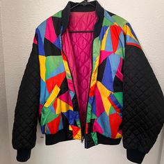 Gently Used Colorful Vintage Zip Up Jacket. Super Cool! Ladies Size M-L Retro Pink Patchwork Outerwear, Pink Patchwork Retro Outerwear, Pink Retro Patchwork Outerwear, Retro Colorful Spring Outerwear, Colorful Retro Spring Outerwear, Vintage Quilted Multicolor Outerwear, 90s Style Multicolor Patchwork Outerwear, 90s Patchwork Multicolor Outerwear, 90s Style Multicolor Spring Outerwear