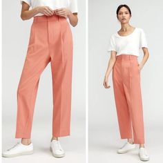 Everlane The Tencel Way High Taper Pants In Tawny......Size 2. Slinky Soft Weave Twill; Tencel Lyocell/Cotton. Salmon Pink/Peach. Zipper Fly With Double Hook/Bar And Interior Button Closure. High Waisted. Wide Waistband. Belt Loops. Pleated Front. Slanted Hip Pockets. Back Welt Pockets. Relaxed Tapered Legs. Super Comfortable Spring/Summer Pants. Waist Across 14". Front Rise 13.25". Hip Across 20". Inseam 26.75". Leg Opening 6.5" Across. New With Tag. Casual High Waist Peach Bottoms, Fitted Everlane Bottoms For Spring, Chic Relaxed Fit Pink Pants, High Waist Peach Bottoms For Spring, High-waist Peach Bottoms For Spring, Everlane Casual High Waist Pants, Chic Everlane Bottoms For Spring, Peach Bottoms With Pockets For Summer, Chic Spring Bottoms By Everlane