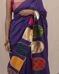 Our stunning पारो (Paaro) Saree! 💜✨ Made from luxurious Chanderi Silk in rich purple, it’s adorned with brocade appliques, golden gota, and mirror embroidery. Featuring hand-embroidered applique elephants, this saree is perfect for any grand occasion. Tradition meets modern elegance! 🌟 #paarosaree #saveasstyle #chanderisilk #grandoccasion #sustainablefashion #elegantdesign Patch Work Saree Designs, Best Sarees Collection, Dupatta Designs Ideas, Dupatta Designs, Designer Dupatta, Navratri Dress, Saree Wearing Styles, Simple Saree Designs, Saree Draping Styles