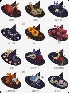 an image of witch hats with names on them in english and spanish, as well as pictures