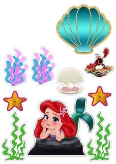 the little mermaid stickers are on display in front of an ocean scene with fish, starfish and shell