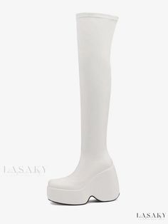 Lasaky - Stylish Square Toe Platform Wedge Heel Black Over The Knee Boots with Thigh High Design Black Over The Knee Boots, Thigh High Heels, Black Thigh High Boots, Black Thigh High, Pu Boots, Winter Heels, Platform Wedge Heels, Slouched Boots, Buckle Boots