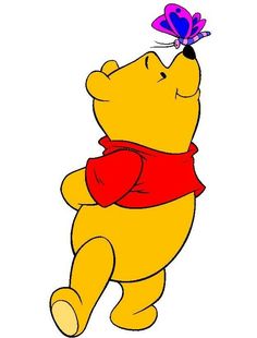 winnie the pooh with a butterfly on her head and red scarf around it's neck