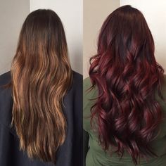 From faded chocolate and copper brown to dark cherry. Hair by Ashley @ Dean Sadler Brown To Red Hair Before And After, Cherry Balayage, Chocolate Cherry Hair Color, Hair Color Cherry Coke, Chocolate Cherry Hair, Ideas For Hair Color, Hair Color At Home, Coffee Brown Hair, Cherry Hair Colors