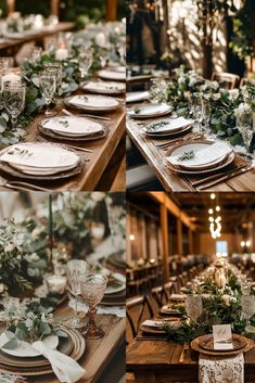 the tables are set with white and green flowers