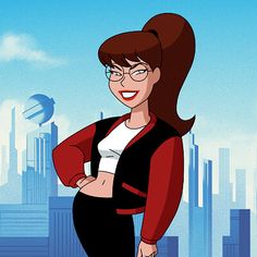 an animated woman with glasses standing in front of a cityscape and skyscrapers